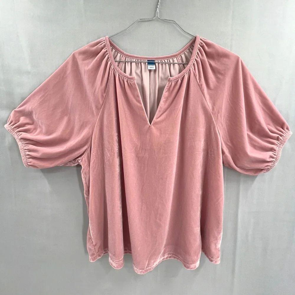 Old Navy Velvet Top M‎ Puff Sleeve Pink Split Neck Blouse Bridgerton